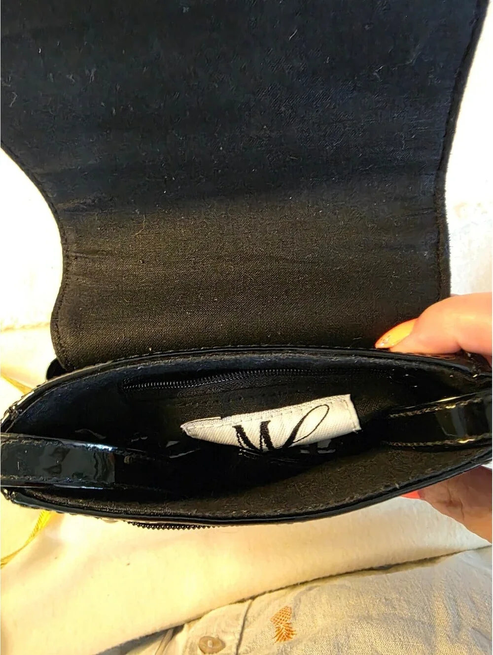 Vintage Maggie Lawrence Black Gold Floral Mini Crossbody Bag Patent 90s